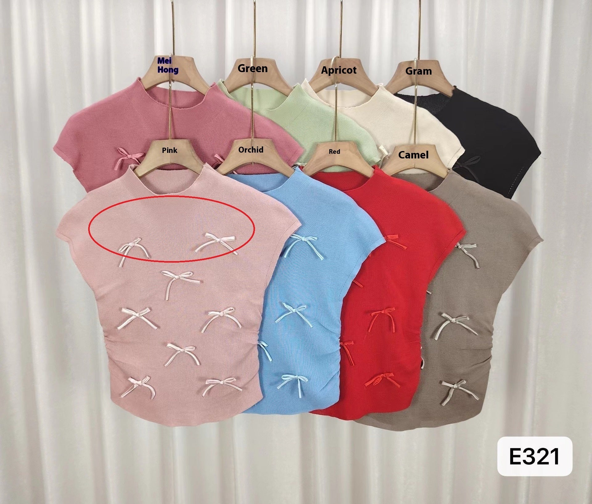 Gentle Pink Bow Short-sleeved Sweater Women's Summer Design Pleated Slim Fit Flying Sleeve Chic Top