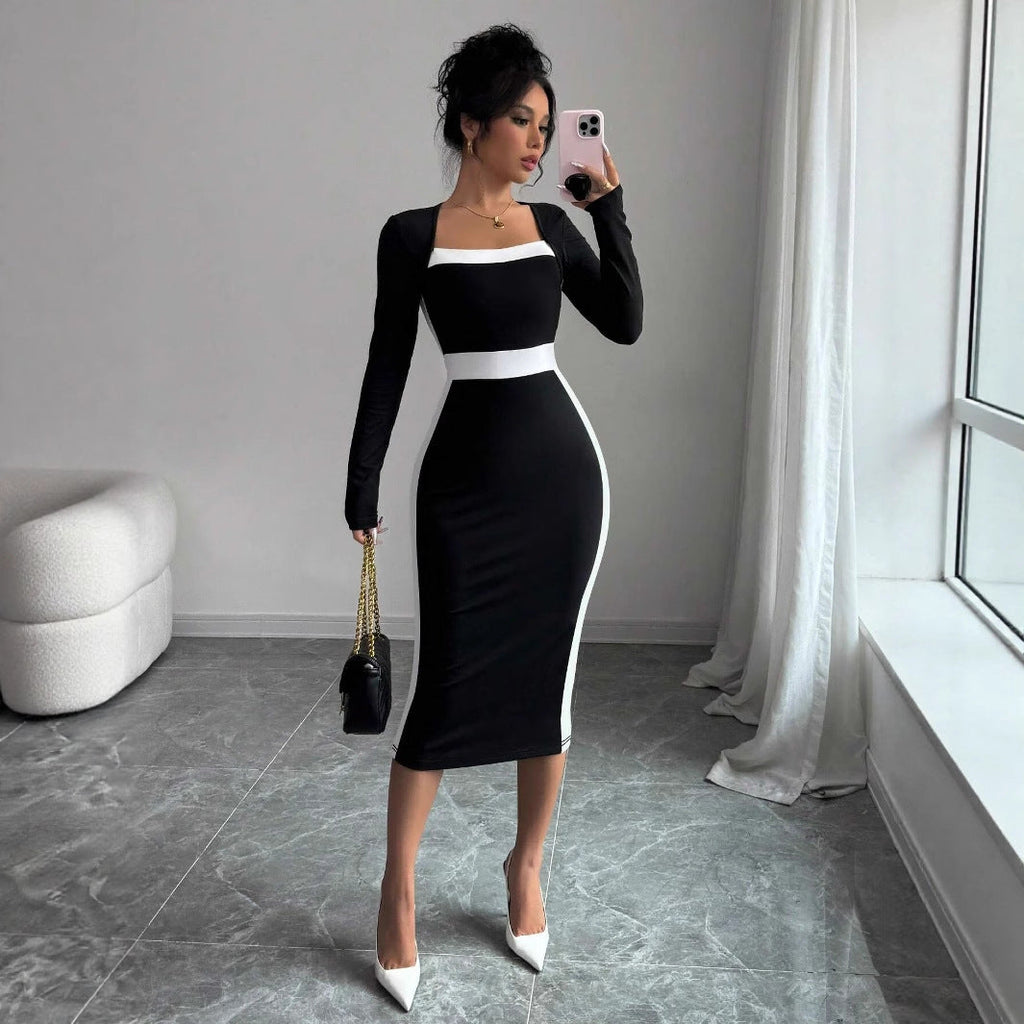 Women's Fashion Elegant Slim Fit Square Collar Long Sleeve Narrow Stitching Temperament Dress