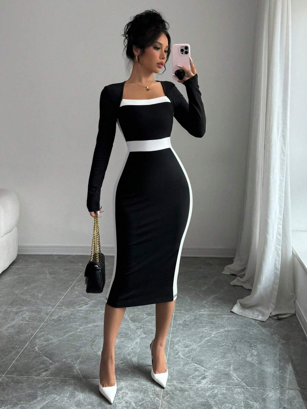 Women's Fashion Elegant Slim Fit Square Collar Long Sleeve Narrow Stitching Temperament Dress