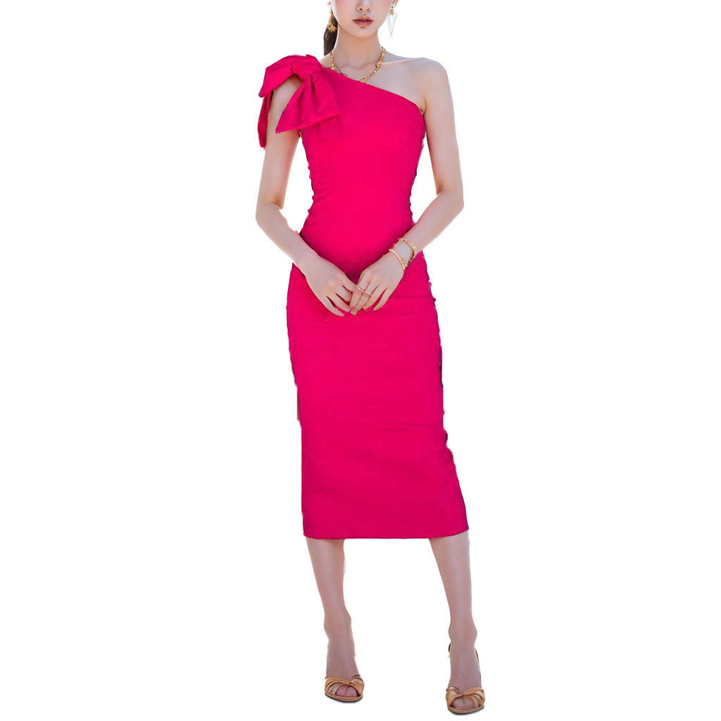 Elegant Solid Color And V-neck Slant Shoulder Split Dress