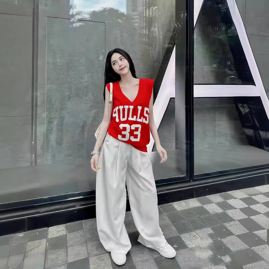 Women's Summer Loose V-neck Sleeveless T-shirt Drooping Wide-leg Pants Casual Street Style Two-piece Set