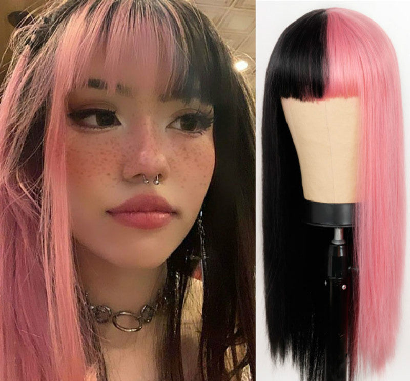 Wig Female European And American Fashion Long Straight Hair Yin Yang Gradient Black Powder Color Matching Long Hair Chemical Fiber Headdress Female