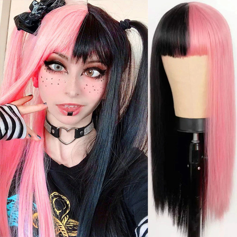 Wig Female European And American Fashion Long Straight Hair Yin Yang Gradient Black Powder Color Matching Long Hair Chemical Fiber Headdress Female