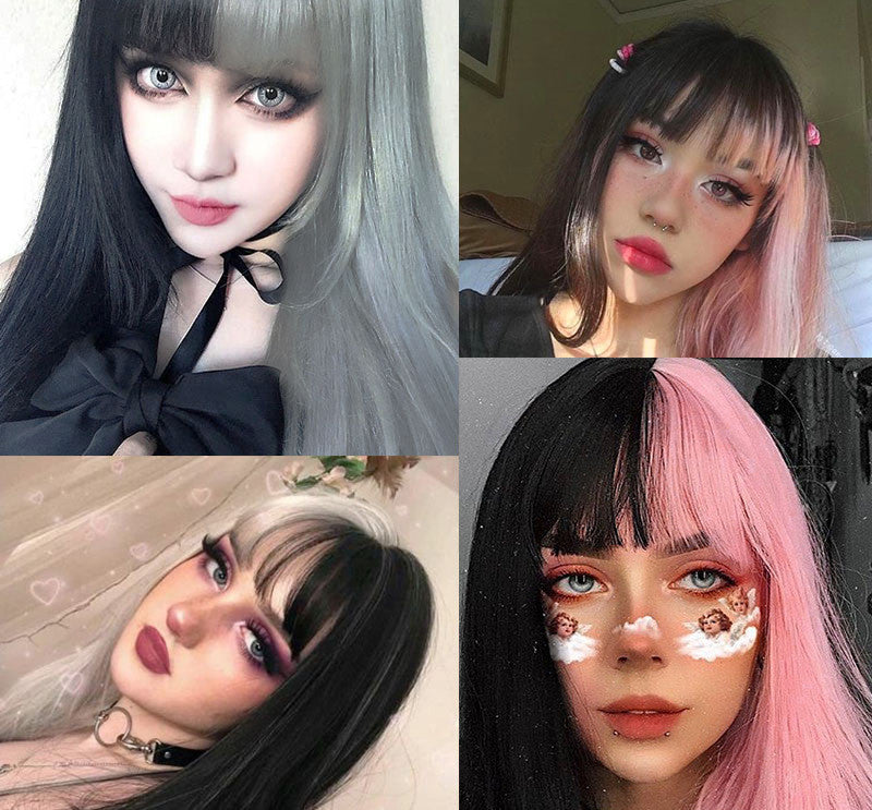 Wig Female European And American Fashion Long Straight Hair Yin Yang Gradient Black Powder Color Matching Long Hair Chemical Fiber Headdress Female