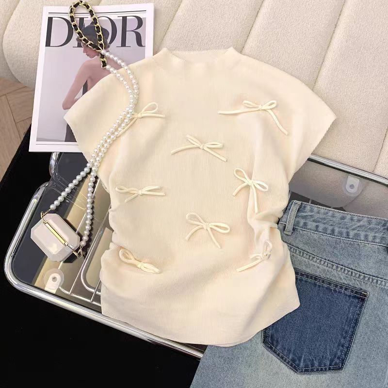 Gentle Pink Bow Short-sleeved Sweater Women's Summer Design Pleated Slim Fit Flying Sleeve Chic Top