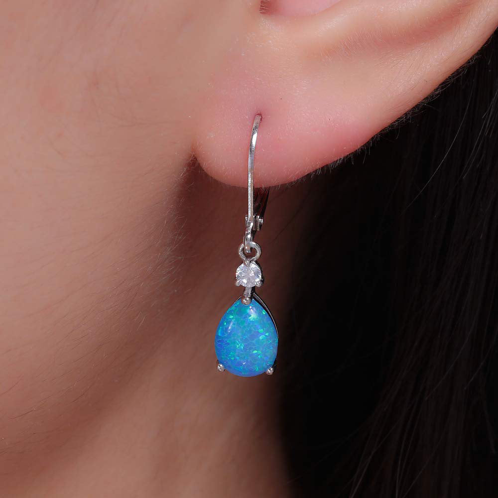 Blue Water Drop Opal Copper Zircon Earrings For Women