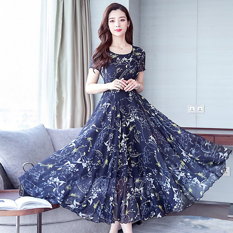 Middle-aged Ice Silk Large Swing Dress Elegant Floral Slimming Long Dress Women