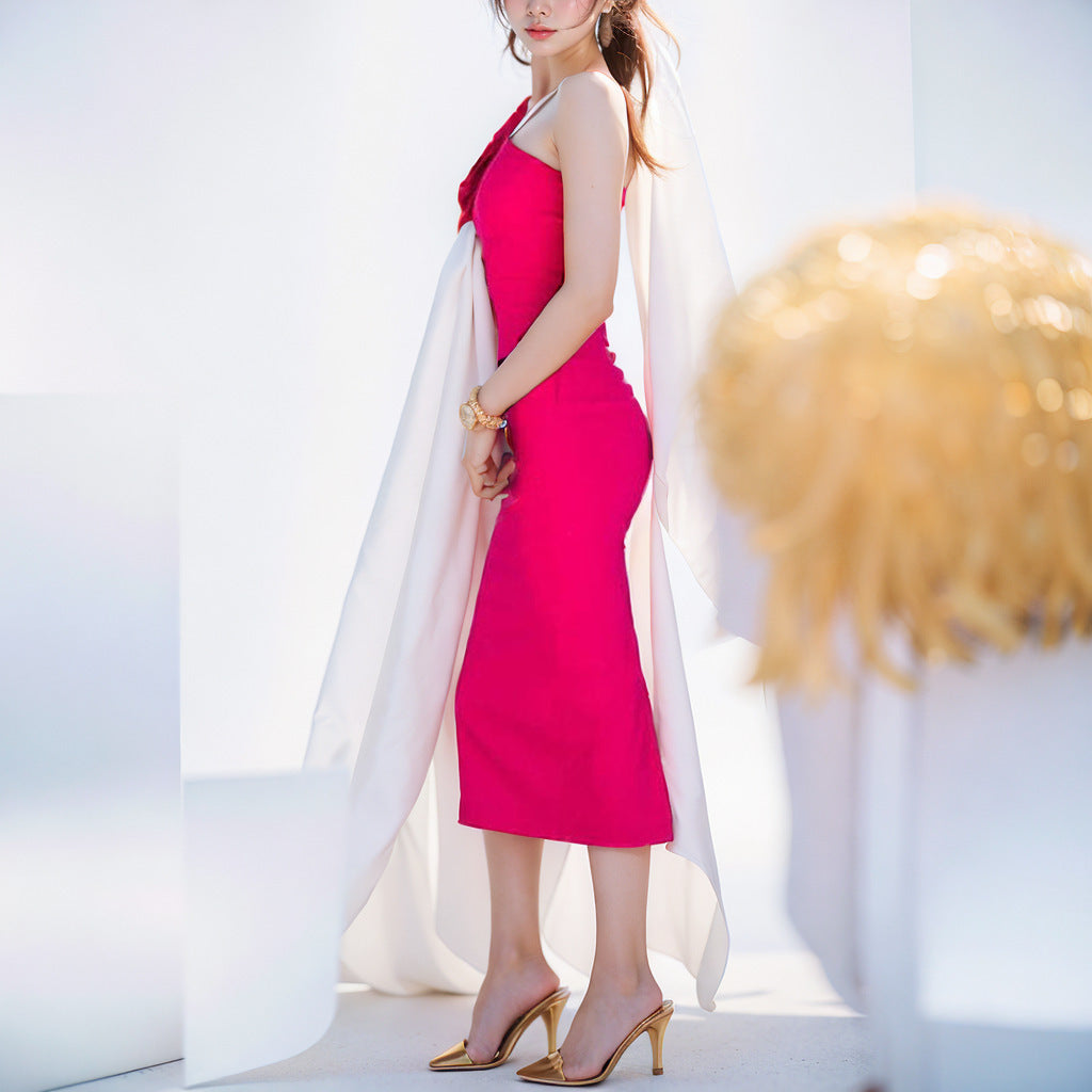 Elegant Solid Color And V-neck Slant Shoulder Split Dress