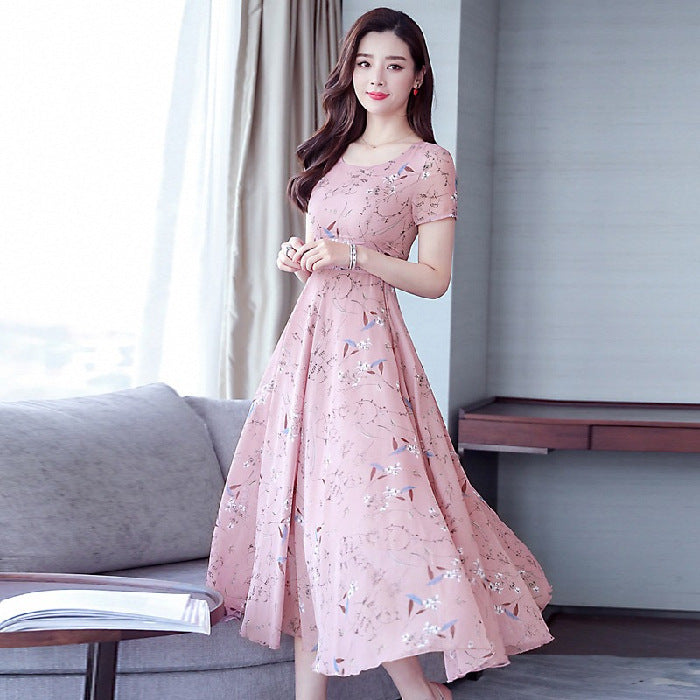 Middle-aged Ice Silk Large Swing Dress Elegant Floral Slimming Long Dress Women