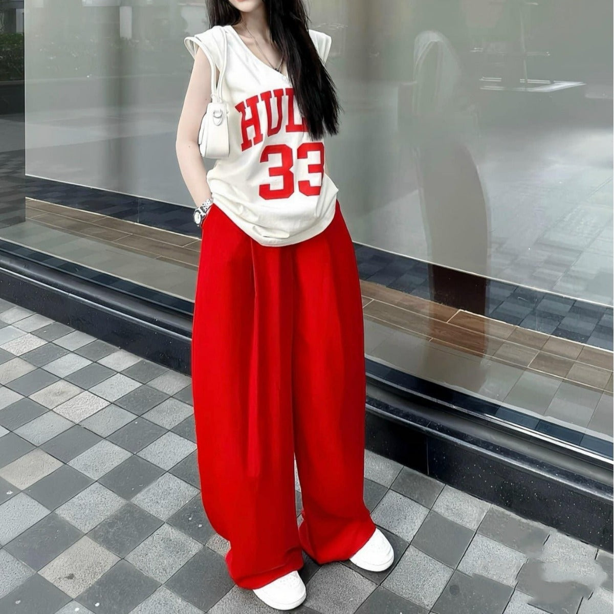 Women's Summer Loose V-neck Sleeveless T-shirt Drooping Wide-leg Pants Casual Street Style Two-piece Set