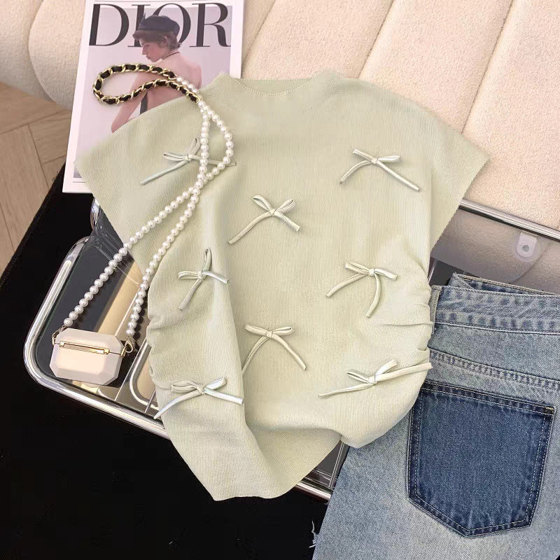 Gentle Pink Bow Short-sleeved Sweater Women's Summer Design Pleated Slim Fit Flying Sleeve Chic Top