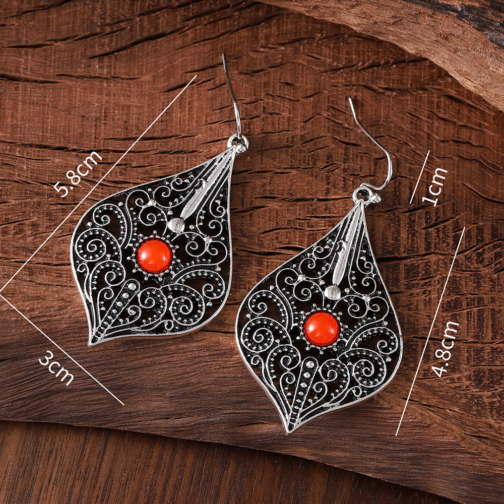 Retro Ethnic Style Hollow Pattern Ruby Earrings