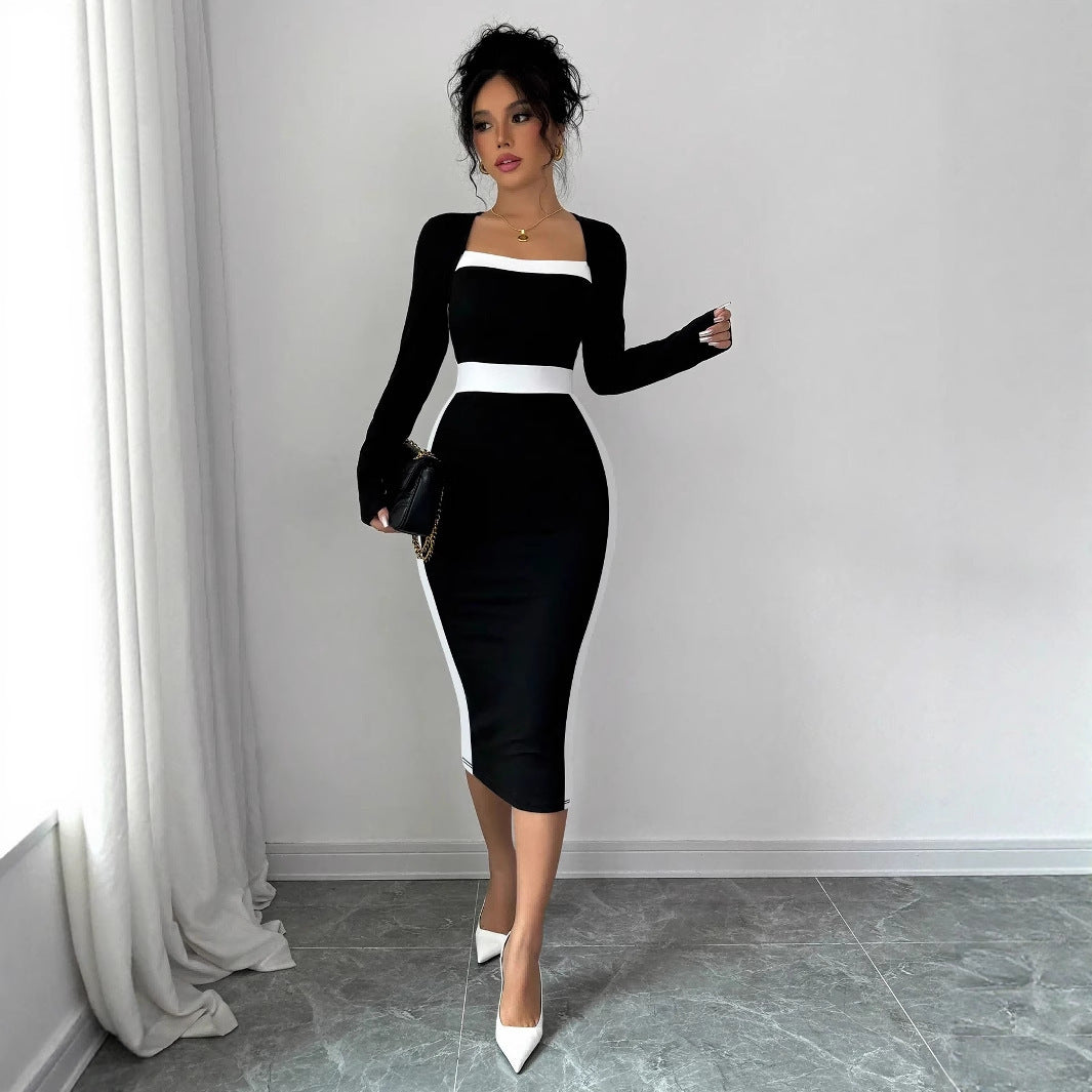 Women's Fashion Elegant Slim Fit Square Collar Long Sleeve Narrow Stitching Temperament Dress