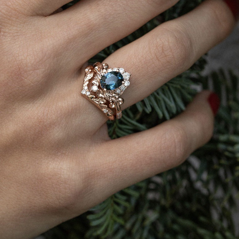 Women's Inlaid Blue Crystal Ring Rose Gold Branch Flower