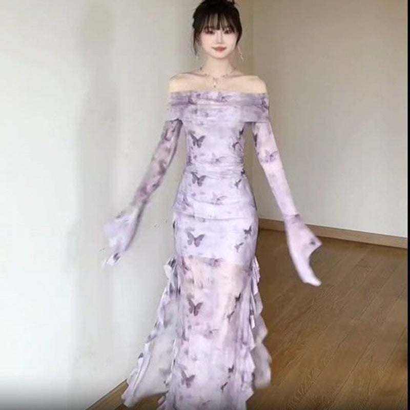 Off-shoulder Mesh Long-sleeved Dress For Women