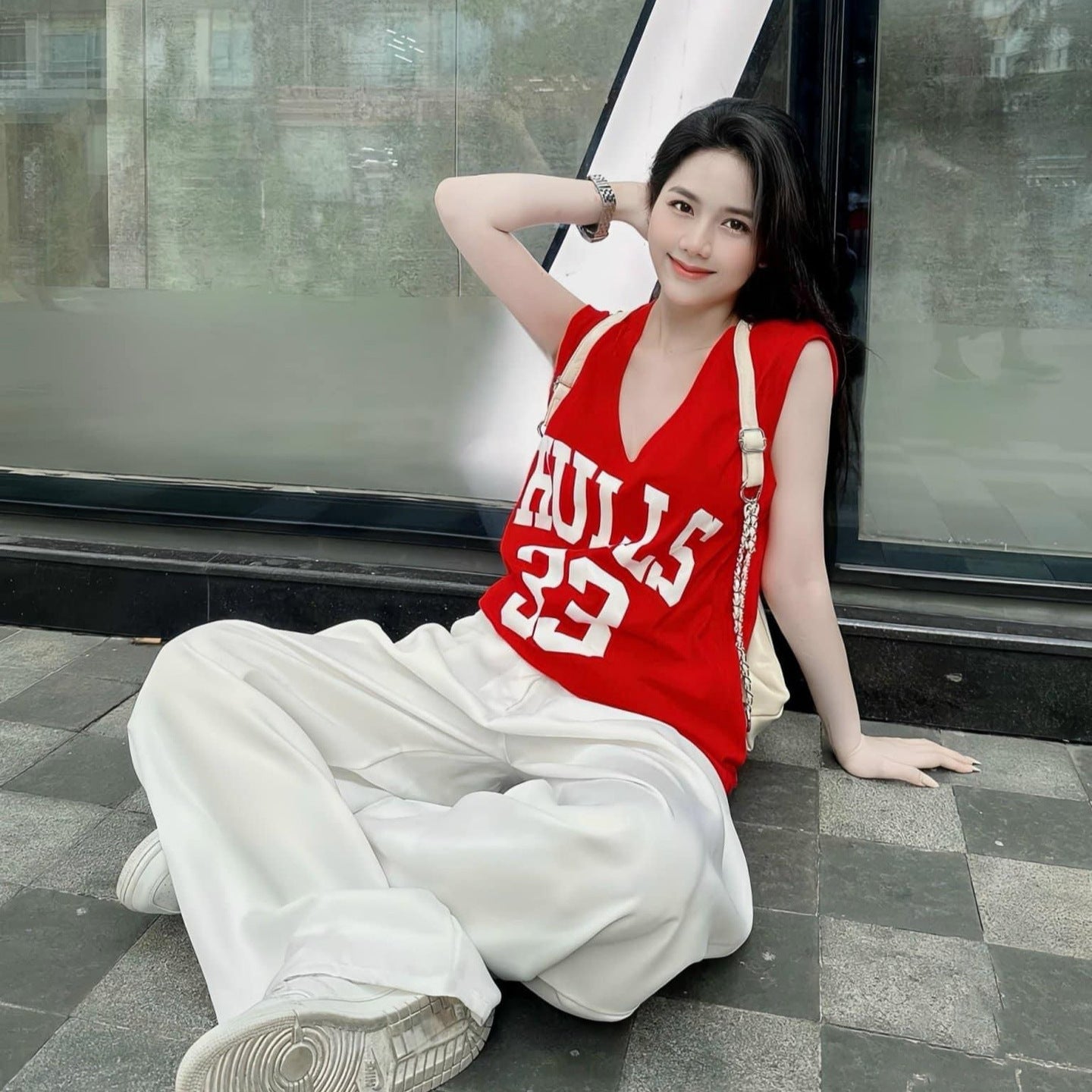 Women's Summer Loose V-neck Sleeveless T-shirt Drooping Wide-leg Pants Casual Street Style Two-piece Set