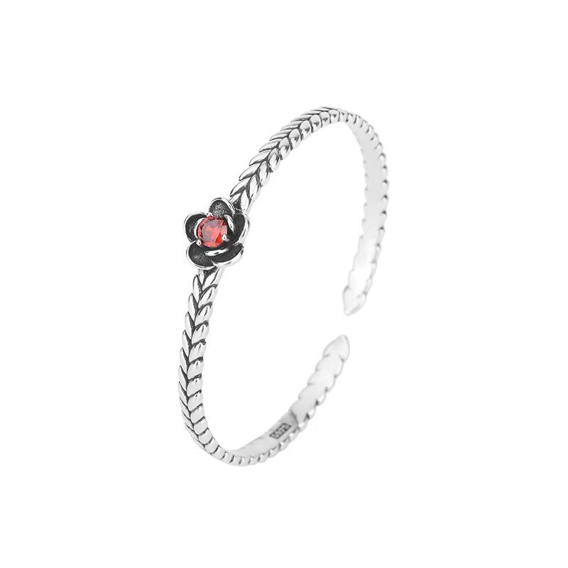Retro 925 Thai Silver Red Zirconium Plum Flower Bracelet