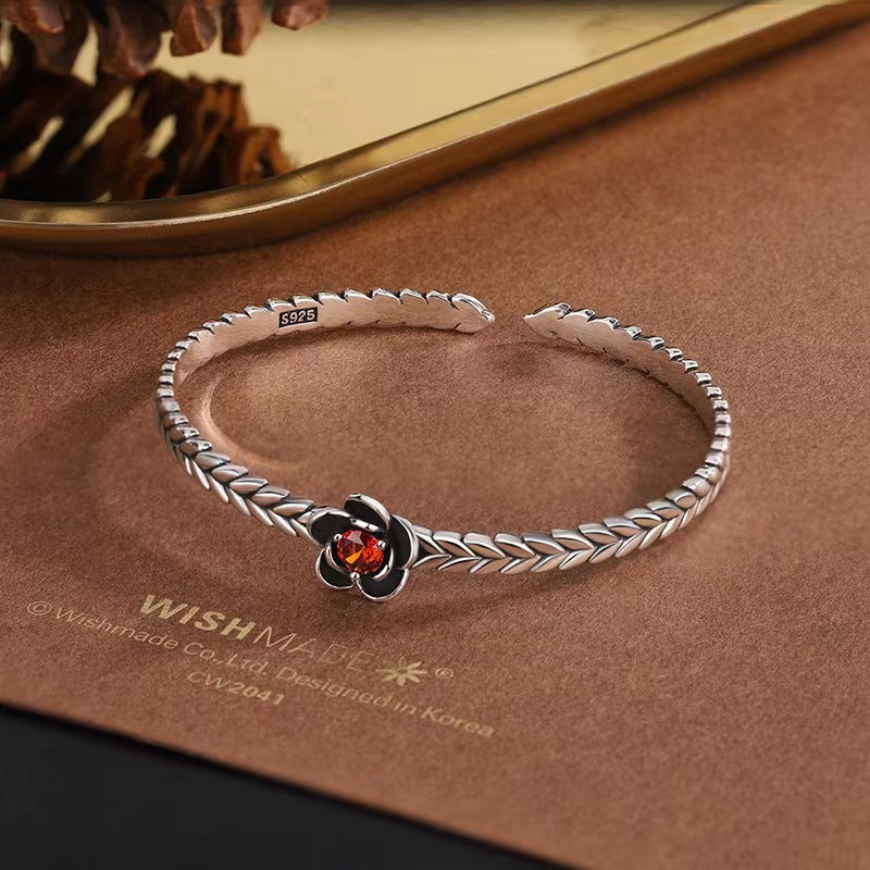 Retro 925 Thai Silver Red Zirconium Plum Flower Bracelet