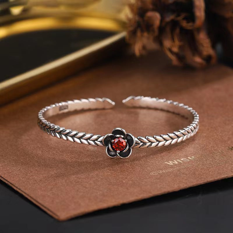Retro 925 Thai Silver Red Zirconium Plum Flower Bracelet