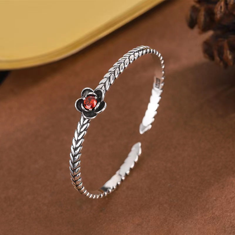 Retro 925 Thai Silver Red Zirconium Plum Flower Bracelet