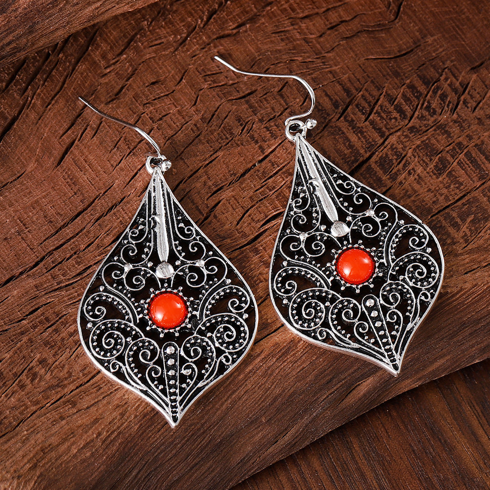 Retro Ethnic Style Hollow Pattern Ruby Earrings