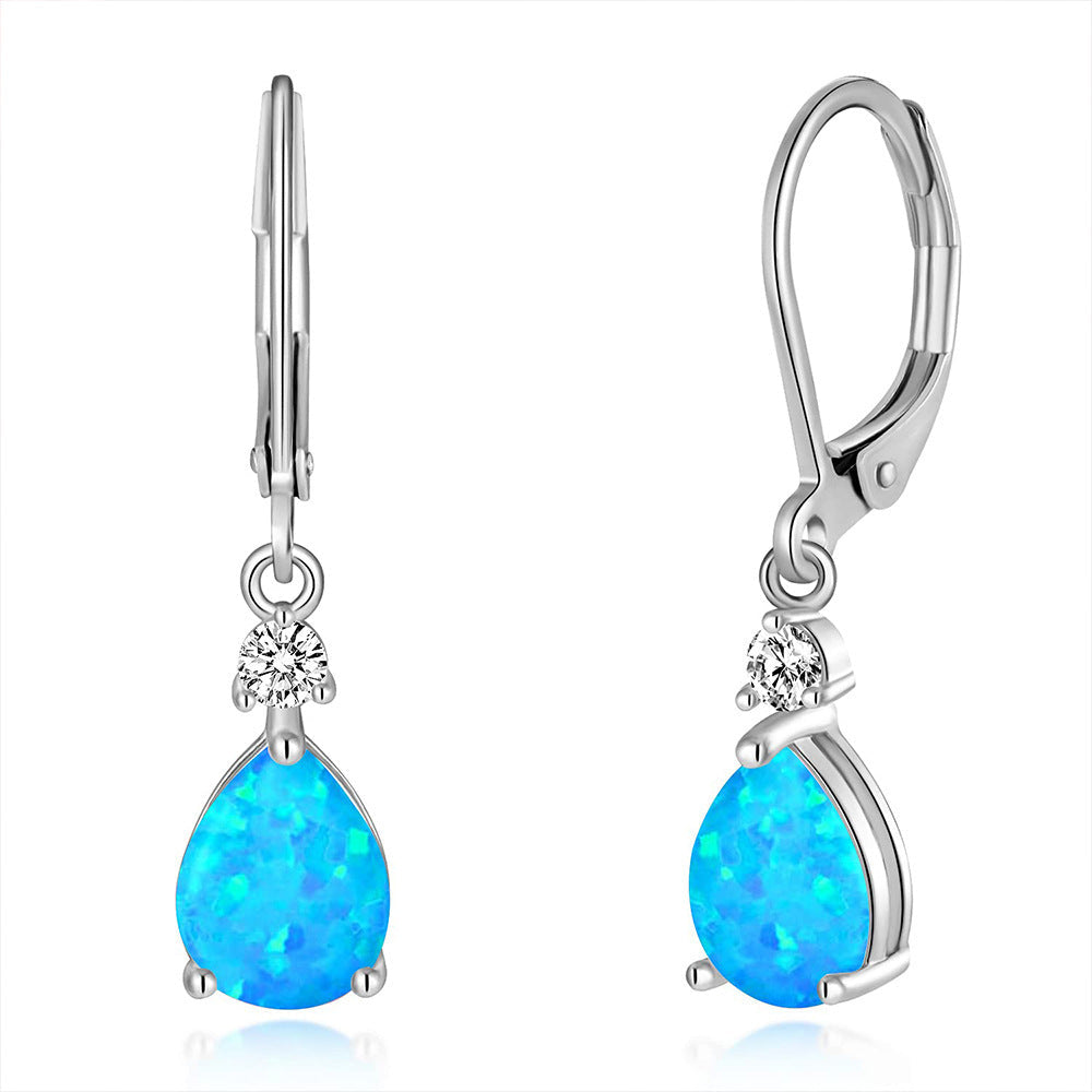 Blue Water Drop Opal Copper Zircon Earrings For Women