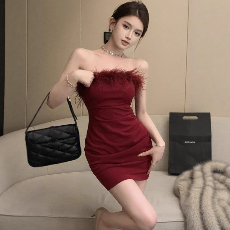 Like Woman Style Fur Collar Tube Top Dress