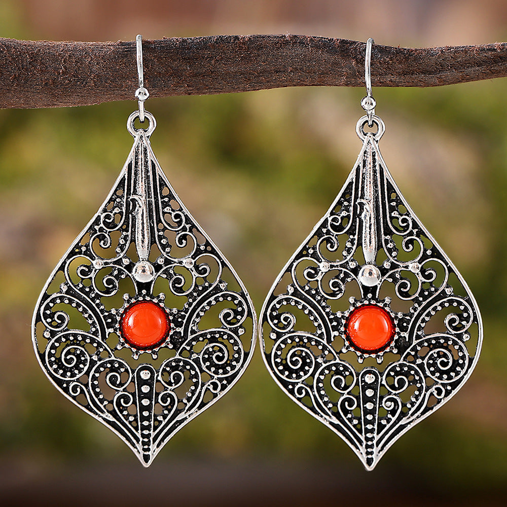 Retro Ethnic Style Hollow Pattern Ruby Earrings