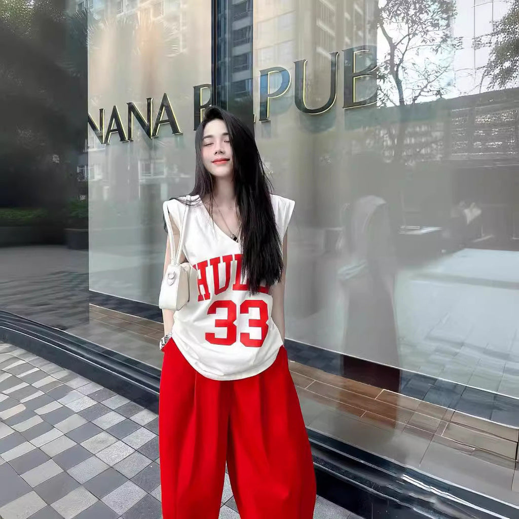 Women's Summer Loose V-neck Sleeveless T-shirt Drooping Wide-leg Pants Casual Street Style Two-piece Set