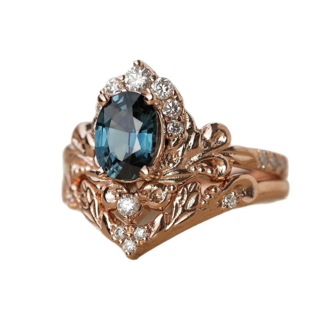 Women's Inlaid Blue Crystal Ring Rose Gold Branch Flower