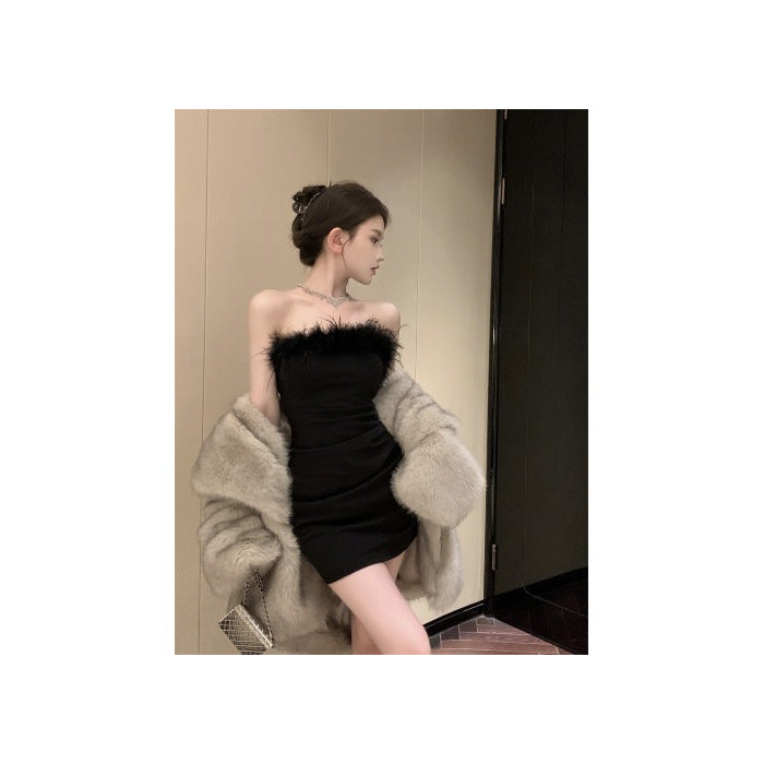 Like Woman Style Fur Collar Tube Top Dress