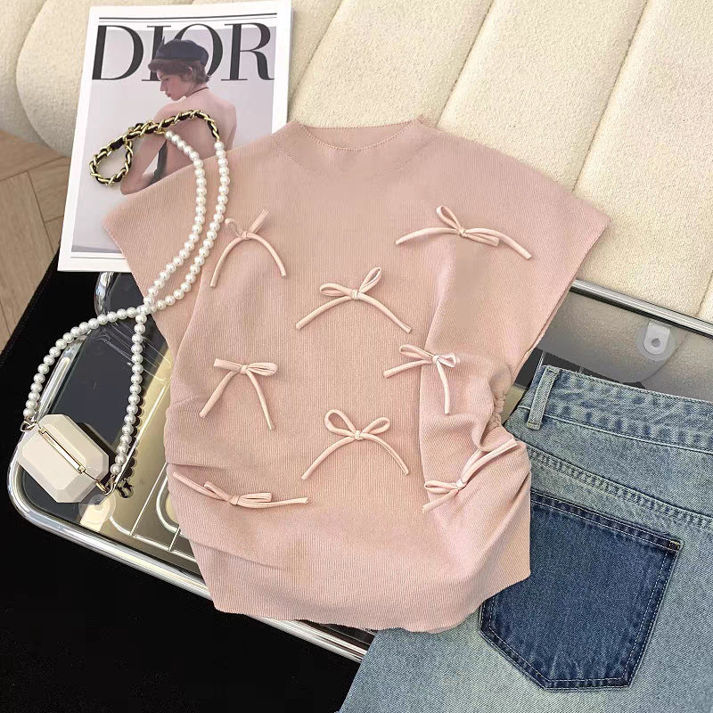 Gentle Pink Bow Short-sleeved Sweater Women's Summer Design Pleated Slim Fit Flying Sleeve Chic Top