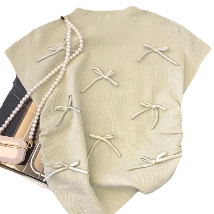 Gentle Pink Bow Short-sleeved Sweater Women's Summer Design Pleated Slim Fit Flying Sleeve Chic Top