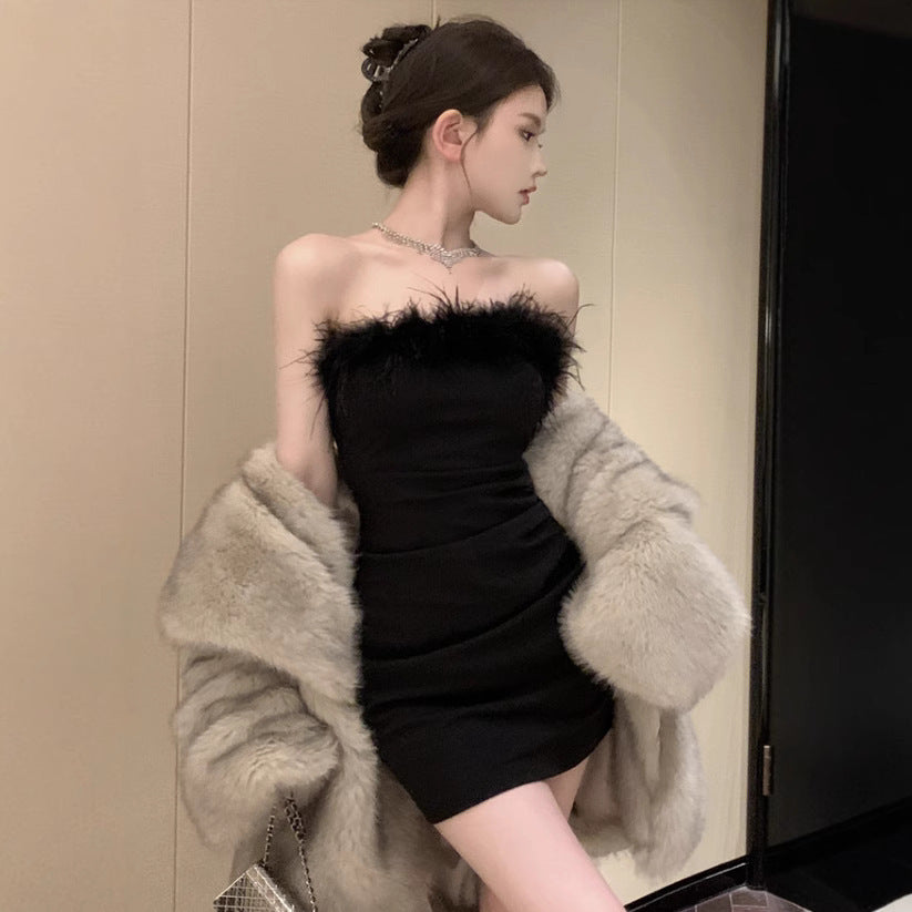 Like Woman Style Fur Collar Tube Top Dress