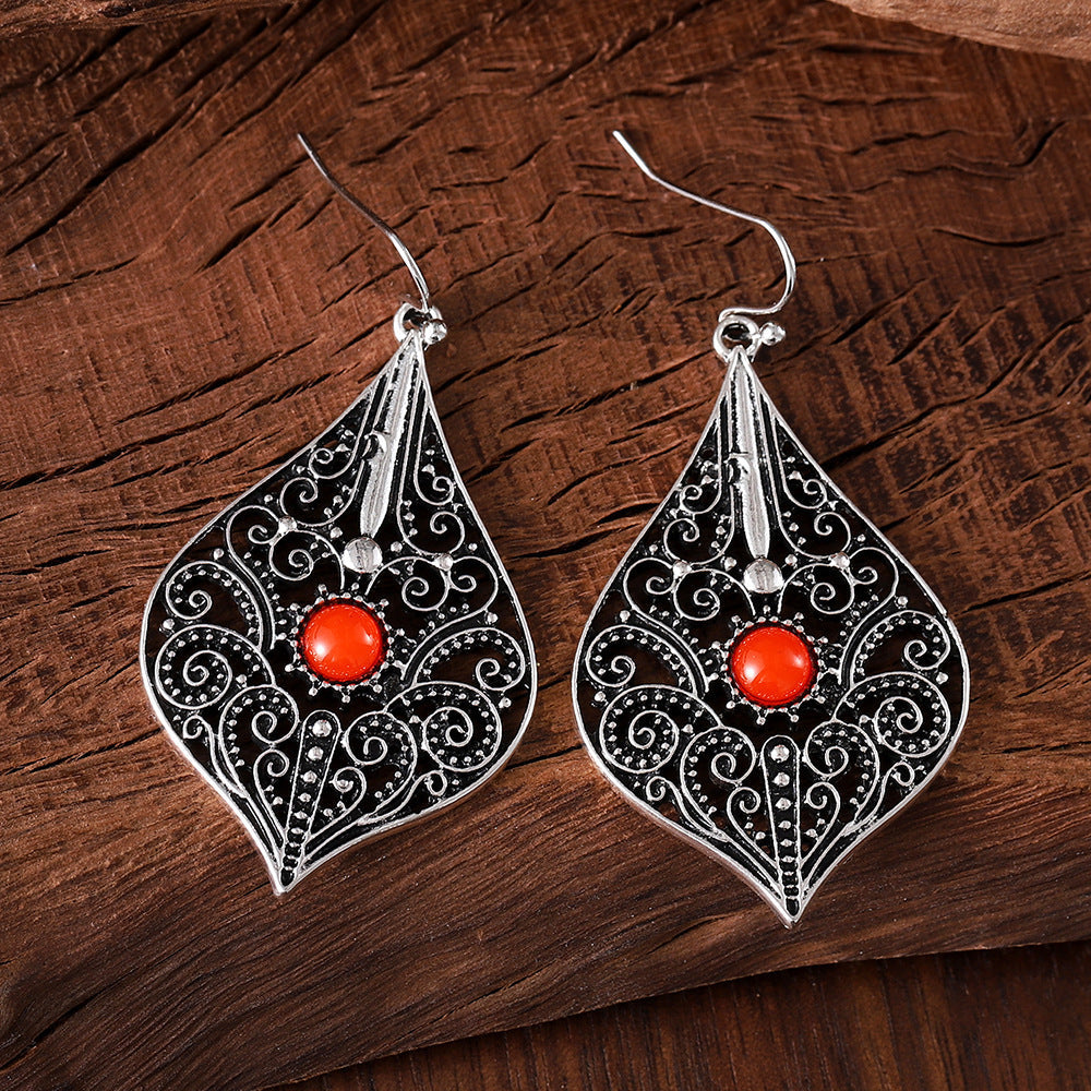 Retro Ethnic Style Hollow Pattern Ruby Earrings