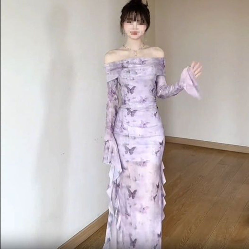 Off-shoulder Mesh Long-sleeved Dress For Women