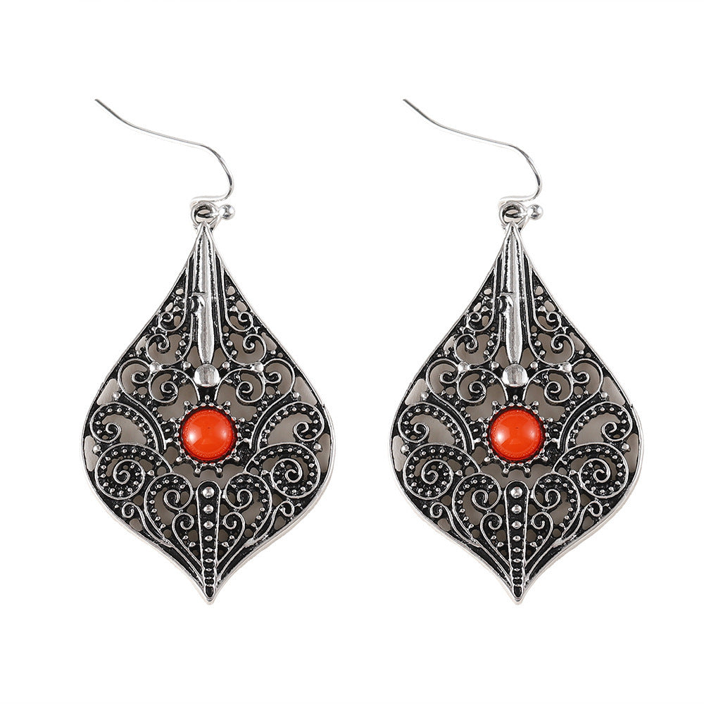 Retro Ethnic Style Hollow Pattern Ruby Earrings